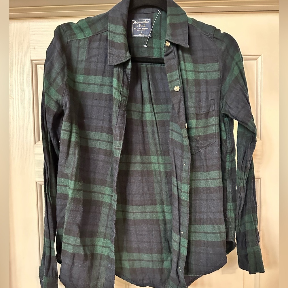 Abercrombie and Fitch Green Blue Plaid Button Up Flannel Size Small